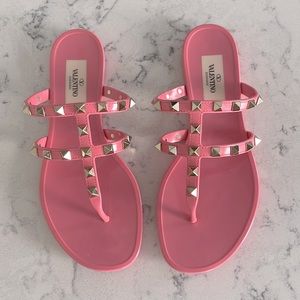 VALENTINO Rockstud T-Strap Flat Slide Sandals, Bubble Gum Pink, size 35